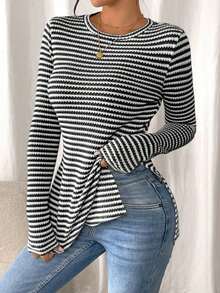 Frenchy Camiseta de manga larga a rayas de estilo informal para mujer con bajo con abertura, para primavera y otoño - Blanco y Negro - Ver 3