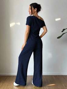 Set de 2 piezas: Camiseta con hombro asimétrico + Pantalones de pierna ancha y cintura baja, Ropa de estar en casa casual - Azul marino - Ver 2
