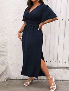 Vestido maxi de verano para mujer talla grande, de manga corta con volantes y cuello en V de un solo color - Azul marino - Ver 5