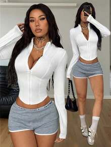 Chaqueta de yoga de cuello de tortuga blanca con protección solar, uso diario, casual, deportivo, para el aeropuerto, de estilo minimalista y de uso diario para mujer - Blanco - Ver 2