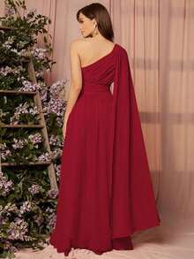 1 pieza Vestido de dama de honor con un solo hombro drapeado, elegante vestido de manga larga - Rojo - Ver 2