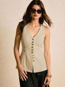 Elegante blusa marrón con cierre de botones delantero y cintura ceñida, elegante y ajustada a la cintura, blusa elegante para mujer, blusas elegantes para mujer, sencilla y elegante, adecuada para uso diario, salir, ir al trabajo, otoño/invierno, blusas marrones para mujer, blusa color caqui, blusa marrón café - Albaricoque - Ver 4