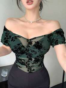 Blusa de manga corta con cuello cuadrado, fruncido y estampado floral de malla, top de verano lindo para mujer - Verde - Ver 2