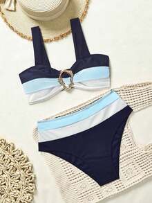 Conjunto de bikini con empalme y bloqueo de color, seductor y con Charm maduro - Azul marino - Ver 1