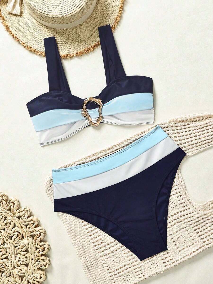 Conjunto de bikini con empalme y bloqueo de color, seductor y con Charm maduro - Azul marino - Ver 1