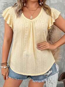 Camiseta de mujer de talla grande con cuello en V, manga corta, calada y bordada, para usar de vacaciones - Amarillo - Ver 5