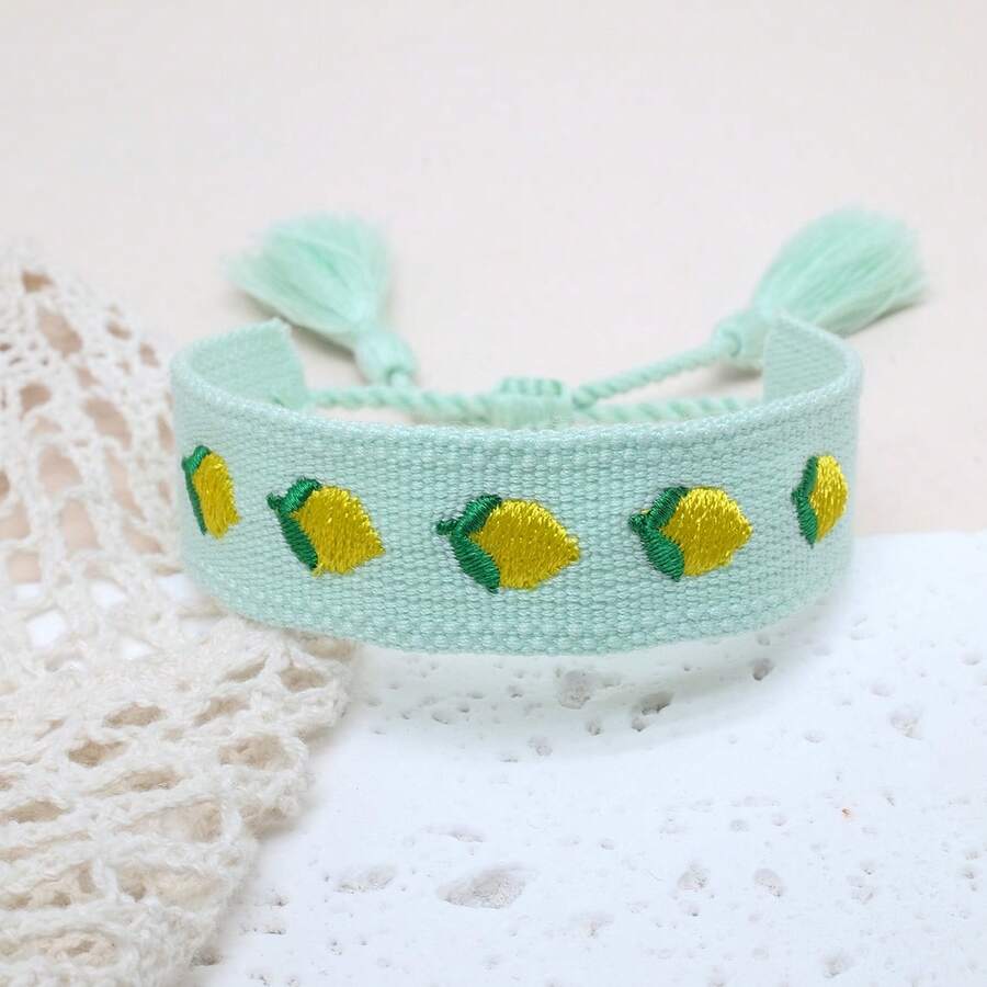 1pc Embroidered Lemon Elegant & Cute Handmade Braided Bracelet, Adjustable Size, Suitable For Party, Travel, Boho Style - Mint Green - View 1