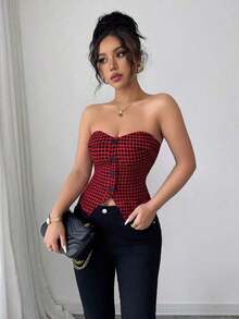 Top corto sin mangas con botones delanteros y estampado de pata de gallo, para uso en oficina o viajes, de moda para el verano - Rojo - Ver 5