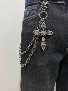 1pc Fashionable Unisex Hip Hop Pants Chain, Oversized Diamond Cross Pendant Decoration, Suitable For Street Parties, Waist Accessory Gift - Black - View 3
