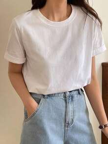 Camiseta casual sencilla de color liso para mujer, uso diario de moda, nueva llegada de otoño - Blanco 2 - Ver 6