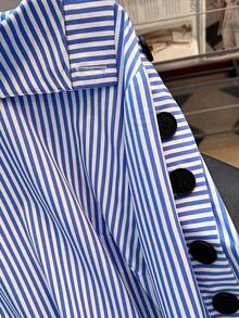 Camisa de manga larga con cuello alto a rayas para mujer de talla grande, adecuada para ir a trabajar, salidas, vacaciones, tops de primavera/verano - Azul - Ver 6