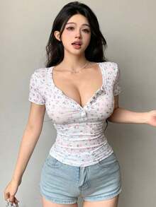 Camiseta de manga corta de ajuste slim con estampado de leopardo, top corto para mujer de uso casual en verano - Multicolor 2 - Ver 3