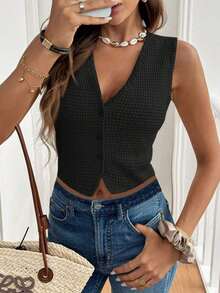 Frenchy Top de tanque casual de botones frontales de unicolor con textura para verano - Negro - Ver 7