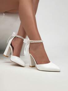 Women's New Elegant Sexy Wedding, Date, Party Pearl Chain Bow Solid Color Pointed Toe Thick Heel High Heels - White - View 5