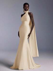 Vestido largo de sirena con espalda abierta y ajustado, de estilo minimalista, adecuado para asistir a fiestas formales, reuniones y galas formales de damas - Albaricoque - Ver 5