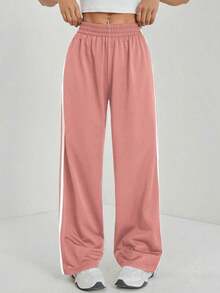 Pantalones casuales con rayas laterales negras, de estilo simple y de moda para uso diario, graduación, maestros y vuelta al colegio para mujeres - Rosa - Ver 6