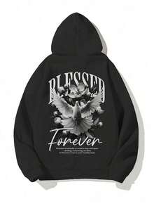 Men's Casual Fashion StreetStyle Hoodie, Graphic Print, Kangaroo Pocket, Drawstring Design, Fall Style - Black - View 6