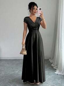 Vestido elegante y romántico para mujeres con cuello en V, mangas cortas y cintura ceñida - Negro - Ver 6