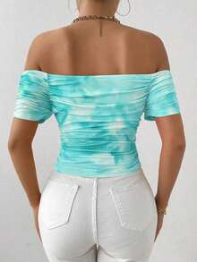 Camiseta de manga corta plisada con cuello recto en línea - verde menta - Ver 2