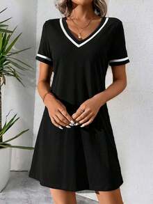 Vestido de punto de bloques de color con cuello en V, elegante y casual, con correa tejida, negro - Blanco y Negro - Ver 5