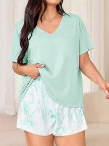 Miss Vinta Women's Plus Size 2-Piece Pajama Set With Short-Sleeve V-Neck Top And Floral Print Shorts. Comfortable Summer Pajama Set For Women With Shorts And Top, Summer Loungewear - 綠色的 - 查看 10
