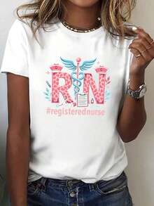 Women's Registered Nurse (RN) Graphic T-Shirt, 100% Cotton, Bright Green, Short Sleeve, Crew Neck, Casual Top, Medium Elasticity, Machine Washable, Comfortable For All Seasons, Clothing, Nursing Themed T-Shirt, Comfortable Fit, Hospital Wear, Durable Material. - 白色 - 查看 1