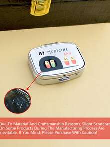Square Pill Box, Printed With Capsule, Tablet, Letter And Bottle Patterns; Portable Medication Storage Compartment; Mini Metal Storage Box; Portable Jewelry And Pill Box; Travel Pill Box; Large Capacity Compartment; Weekly Medication Organizer; Suitable For Daily Medication And Vitamins; Essential For Doctors And Nurses; Emergency Needs; Travel; Hiking Emergency Rescue; Personalized Creative Gift With Cartoon Logo - A - View 9
