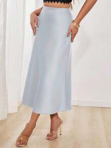 Falda en A de satén elegante y versátil para mujer - Plateado - Ver 5