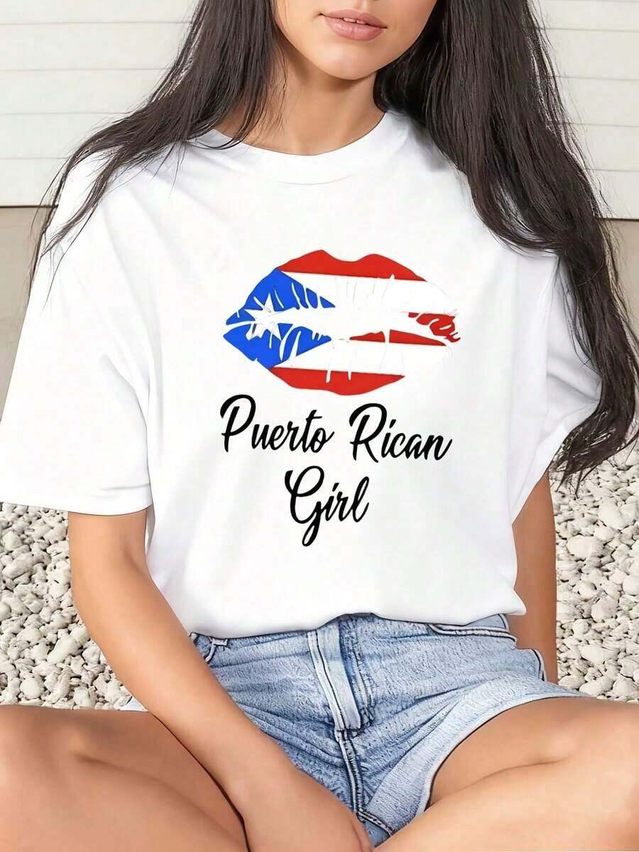 Camiseta Vintage para Mujer con Estampado Gráfico de Labios con la Bandera de Puerto Rico, Ropa Casual para el Cinco de Mayo - Blanco - Ver 1