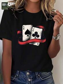 Under The RadarCamiseta gráfica de naipes vintage para mujer - Camiseta de póquer azul real con diseño de as de espadas y jota de espadas, camisa suave y transpirable para uso diario y eventos temáticos, camiseta casual de cuello redondo, camisetas para mujeres, ropa de evento, uste cómodo 100% algodón-Vintage Street Style Unisex Loose Cotton Short Sleeve Crew Neck T-Shirt - Negro - Ver 1