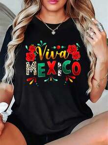 Women's Casual T-Shirt, Casual Style With Floral Design And Viva Mexico Text, Ideal For Summer And Festivals, Perfect Gift For Friends And Family. - 黑色 - 查看 6