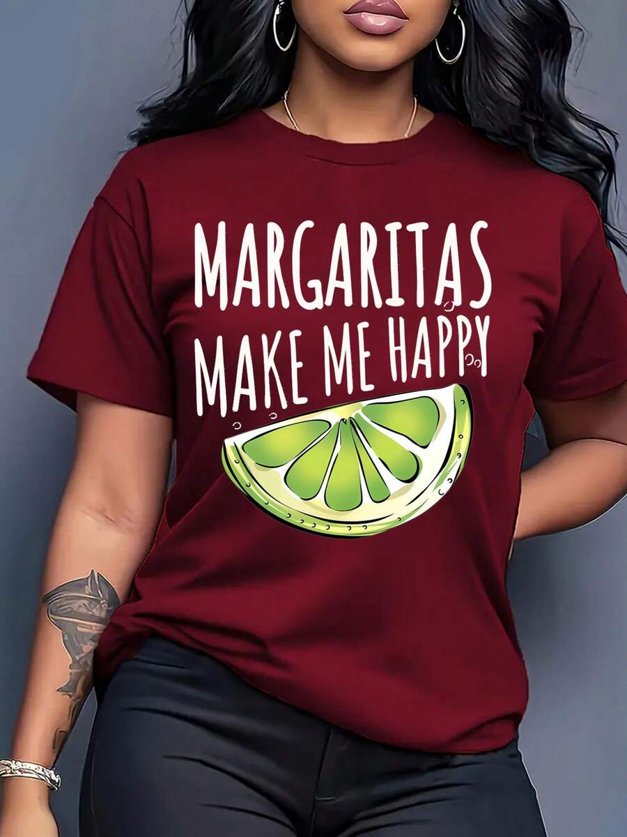 Camiseta de Verano Premium Estampada para Mujer, Estilo Europeo y Americano, Manga Corta, Estampado de Margaritas, Moda Urbana Versátil, Top Deportivo Casual, Cuello Redondo, Manga Corta. - Rojo - Ver 1