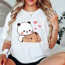 1PC Women's Plus Size Cotton T-Shirt With Panda And Bear Couple Print, Casual Style, Round Neck, Loose Fit, With Heart Design (1) - Short Sleeve Cotton T-Shirt, Vintage Urban Style, Unisex, Round Neck, Blouses For Women. Blouses.Casual Blouses For Ladies.Careful Bears Print.Printed T-Shirt Careful Bears Print. - 白色 - 查看 7