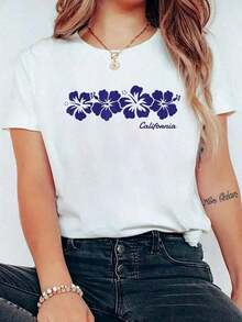 Camiseta Casual de Algodón con Estampado de Flor de Hibisco de California, Recuerdo de Playa, para Hombre y Mujer - Camiseta Casual de Cuello Redondo y Manga Corta, Cómoda, para Primave - Blanco - Ver 7