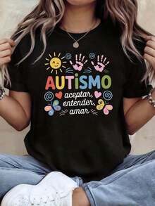 1 Piece AUTISM: Accept, Understand, Love. Women's T-Shirt With Autism Care Theme In Spain, With Sun Hand Print And Decorative Slogan, Casual Short Sleeve, Solidarity Style With The Rainbow, 180g 100% Cotton. - 黑色 - 查看 8