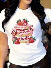 Camiseta Blanca para Mujer - Diseño Gráfico con Lindo Pastel de Fresas y Letras de Atajo - Camiseta Suave para Uso Diario Casual para Fiestas de Cumpleaños, Atuendos de Postre - Lavable a Máquina - Blanco - Ver 6
