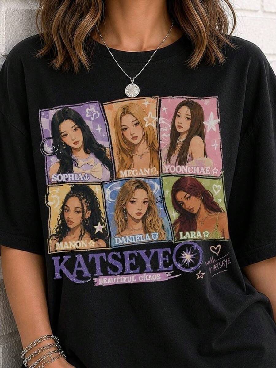 Camiseta Katseye Beautiful Chaos, Camiseta con Gráficos de Miembro de Katseye, Camiseta Vintage de Grupo de Chicas , Mercancía para Fans de Eyekon, Camiseta de Color Cómoda, blusas para mujer, blusas, blusas casuales para mujer, blusas casuales para mujer, tops de mujer, tops, unisex. - Negro - Ver 1