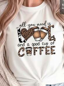 Love & Coffee Animal Print - 100% T-Shirt - 白色 - 查看 1