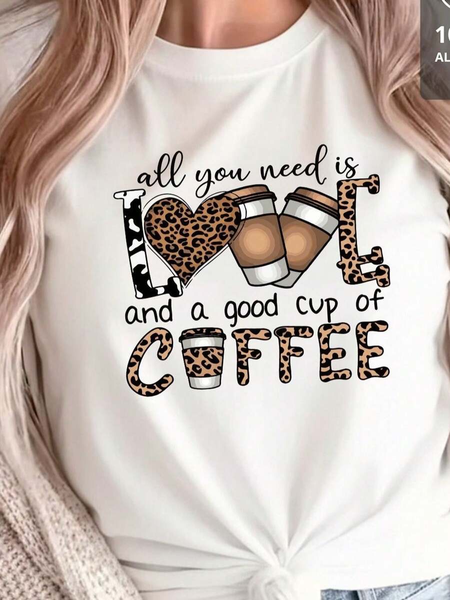 Love & Coffee Animal Print - 100% T-Shirt - 白色 - 查看 1