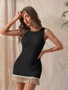 1 pieza Body sin mangas de mujer con textura de malla y flecos largos, estilo elegante - Negro - Ver 8