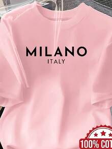 Women's 100% Oversized T-Shirt With Milan Letter Print - Short Sleeve, Crew Neck, Casual Loose Fit, Breathable For Layering, Pajamas And Casual Outfits, Ribbed Trim (Compatible With Milan Letter Print) - Machine Washable - 粉色 - 查看 1