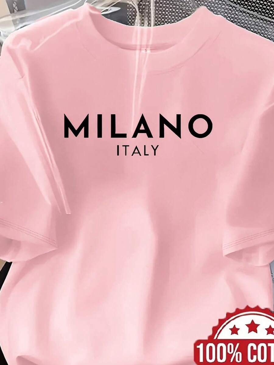 Women's 100% Oversized T-Shirt With Milan Letter Print - Short Sleeve, Crew Neck, Casual Loose Fit, Breathable For Layering, Pajamas And Casual Outfits, Ribbed Trim (Compatible With Milan Letter Print) - Machine Washable - 粉色 - 查看 1