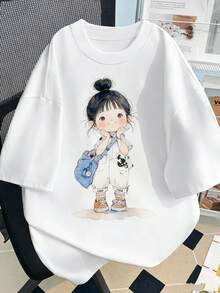Casual Graphic Tee For Young Women. Adorable T-Shirt With Cartoon Graphics For Women, Perfect For Casual Summer Outings And As A Gift For Loved Ones. - 白色 - 查看 7