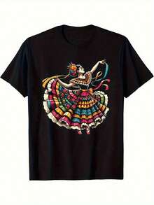 Soft Soft Bestselling Selection: Women's T-Shirt With Mexican Folk Art Print "Break The System" - Vibrant And Colorful Print Of Traditional Women's Dance, Casual Crew Neck, Short Sleeves, Comfortable And Suitable For All Seasons, Cultural Clothing, Ideal For Festivals And Casual Wear, Available In Pink And Gray, Crew Neck T-Shirt With Loose Fit. - 黑色 - 查看 1