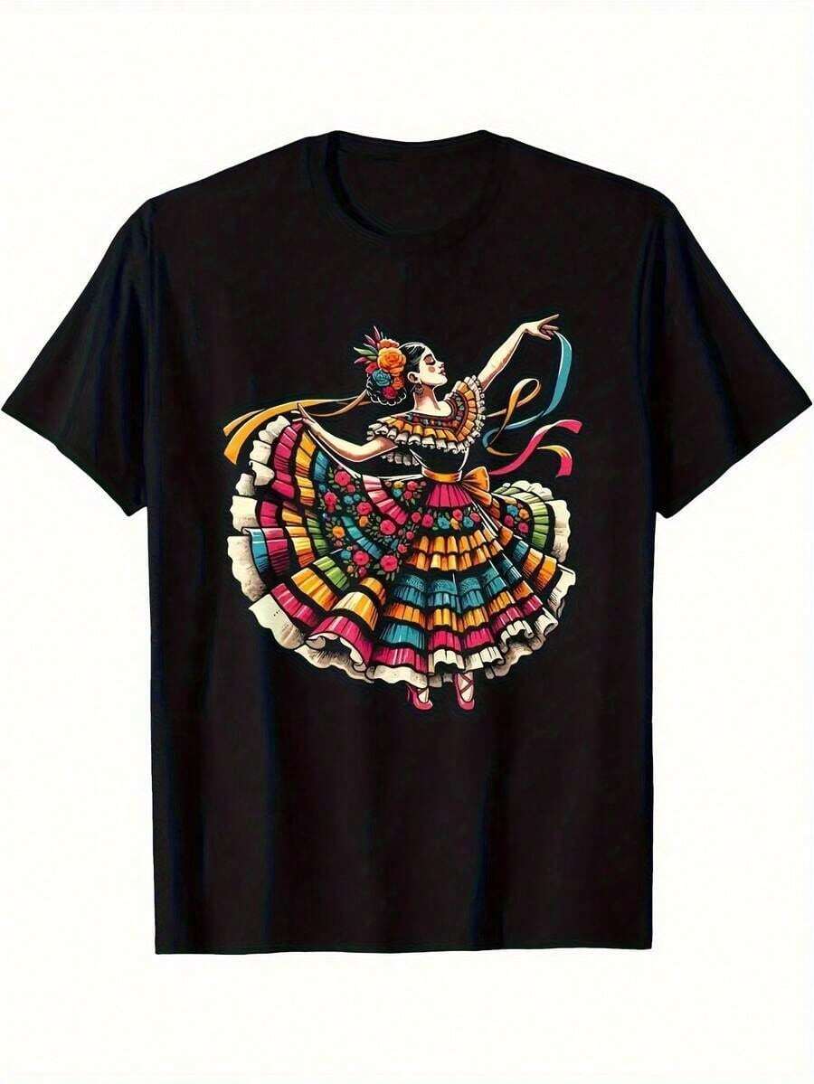 Soft Soft Bestselling Selection: Women's T-Shirt With Mexican Folk Art Print "Break The System" - Vibrant And Colorful Print Of Traditional Women's Dance, Casual Crew Neck, Short Sleeves, Comfortable And Suitable For All Seasons, Cultural Clothing, Ideal For Festivals And Casual Wear, Available In Pink And Gray, Crew Neck T-Shirt With Loose Fit. - 黑色 - 查看 1