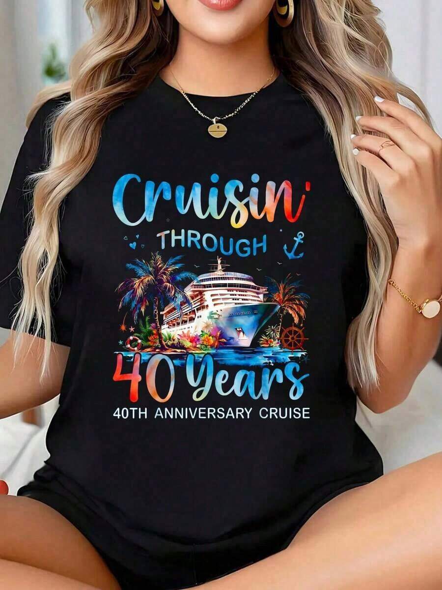 1 Piece Couple T-Shirt "Cruising For 40 Years: 40th Anniversary Cruise Trip", Summer T-Shirts, Short Sleeve, Round Neck, Casual Style For Summer And Spring, Women's Clothing, 180g 100% Cotton. - 黑色 - 查看 1