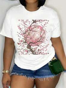 [Casual T-Shirt] Women's Breathable Polyester T-Shirt With Cherry Blossom Print, Casual And Sporty, Round Neck, Short Sleeve, With Ripped Denim And Sunflower Details. - 白色 - 查看 1