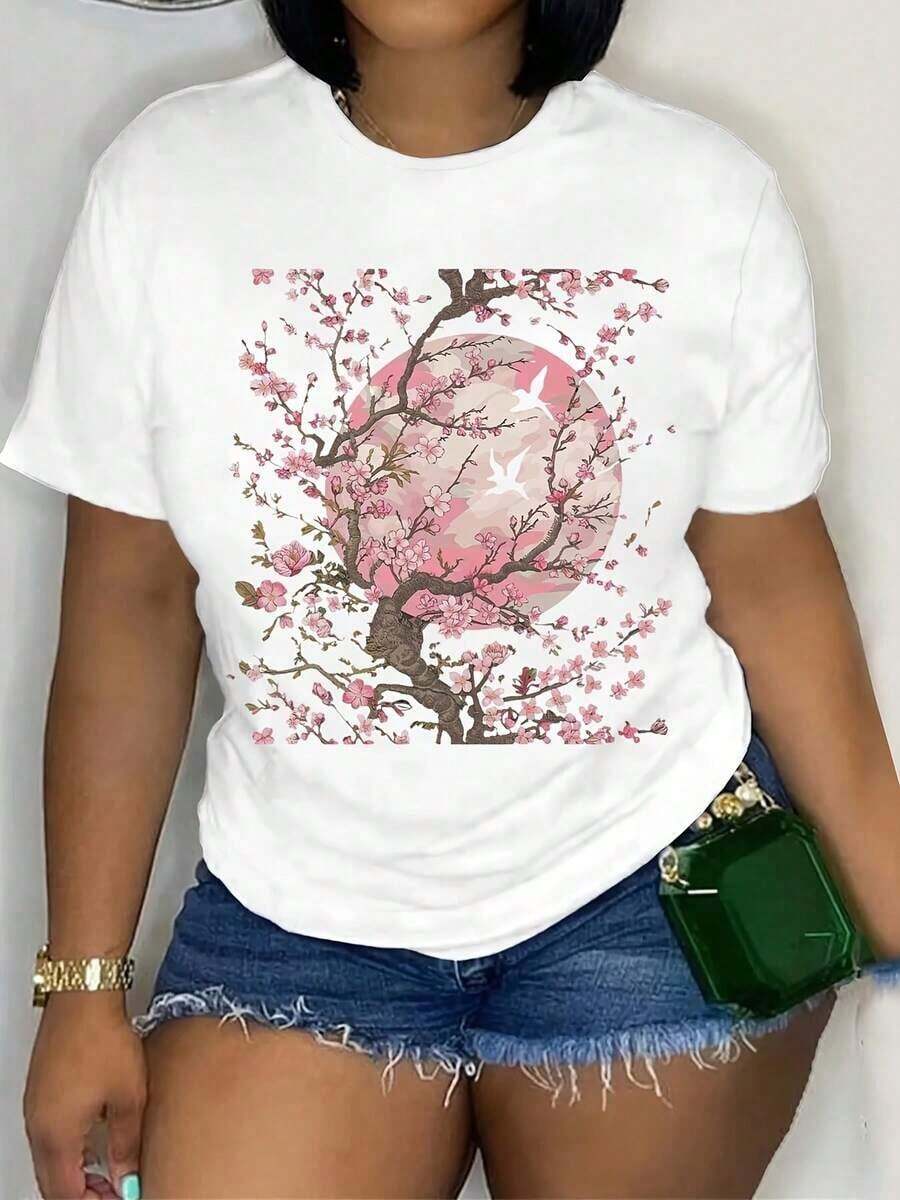 [Casual T-Shirt] Women's Breathable Polyester T-Shirt With Cherry Blossom Print, Casual And Sporty, Round Neck, Short Sleeve, With Ripped Denim And Sunflower Details. - 白色 - 查看 1