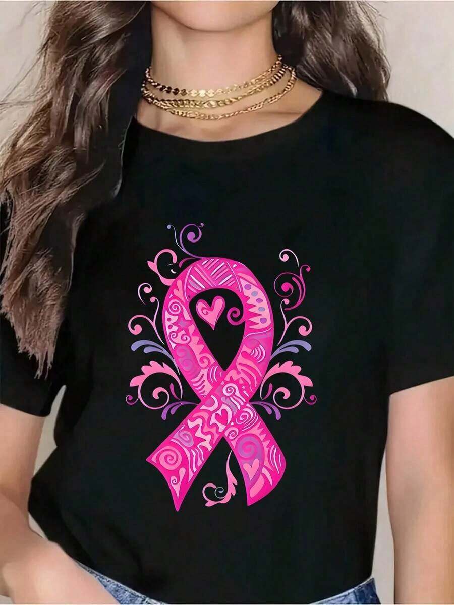 Casual Pink T-Shirt With Floral Design And Breast Cancer Awareness Ribbon - Women's White Cotton T-Shirt For Breast Cancer Support And Awareness, Perfect For Breast Cancer Awareness Month In October, Charity Events, And Everyday Wear. A Must-Have. - 黑色 - 查看 1