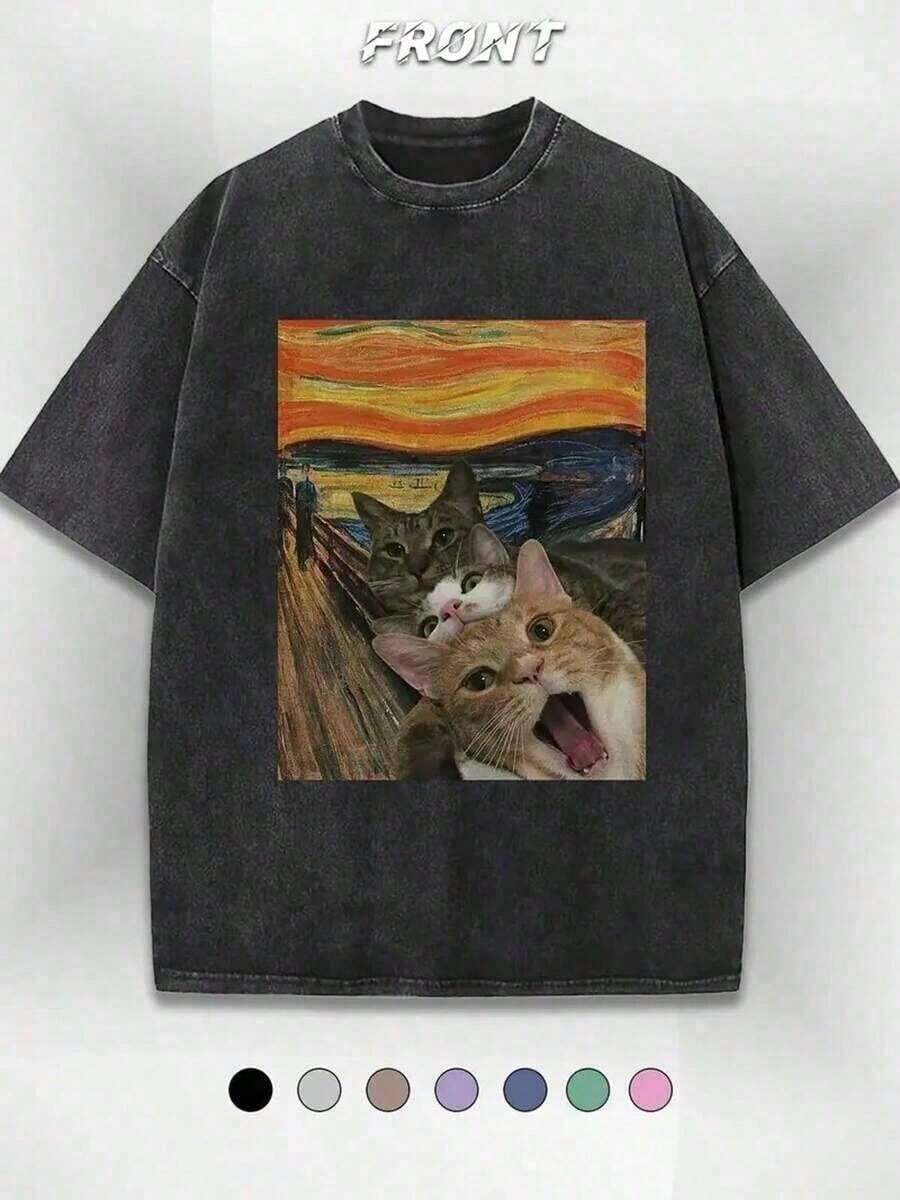1 Piece Funny Graphic T-Shirt With Cat Design, Men's Cotton T-Shirt, 230g, Washed Short Sleeve T-Shirt, Suitable For Halloween, Christmas And Spring Festival Gifts, 180g. - 黑色 29 - 查看 1